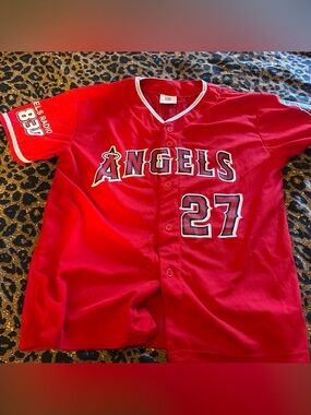 Angels Red Button-Front Kids Baseball Jersey with #27